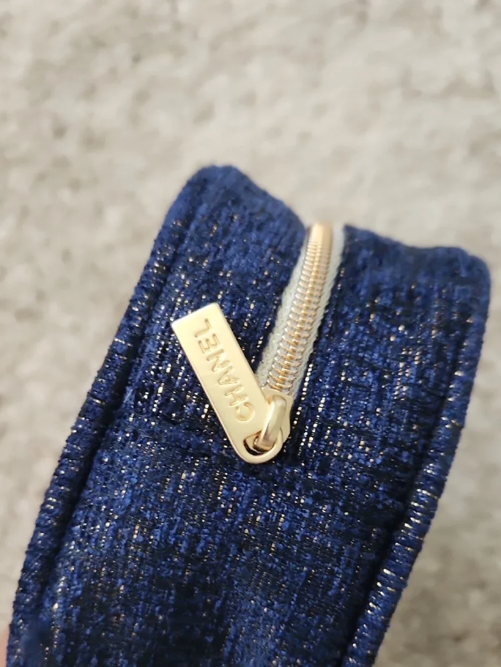 CHANEL Navy Glitter Zip Cosmetic Case with White Logo